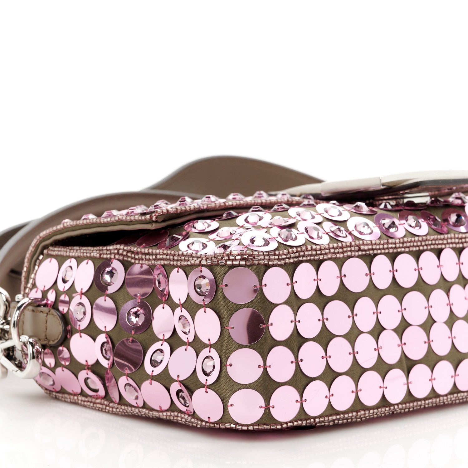 Fendi Ricamo Sequin Paillettes Strass Vitello Grace Baguette Rosa Tartufo 10 of 11