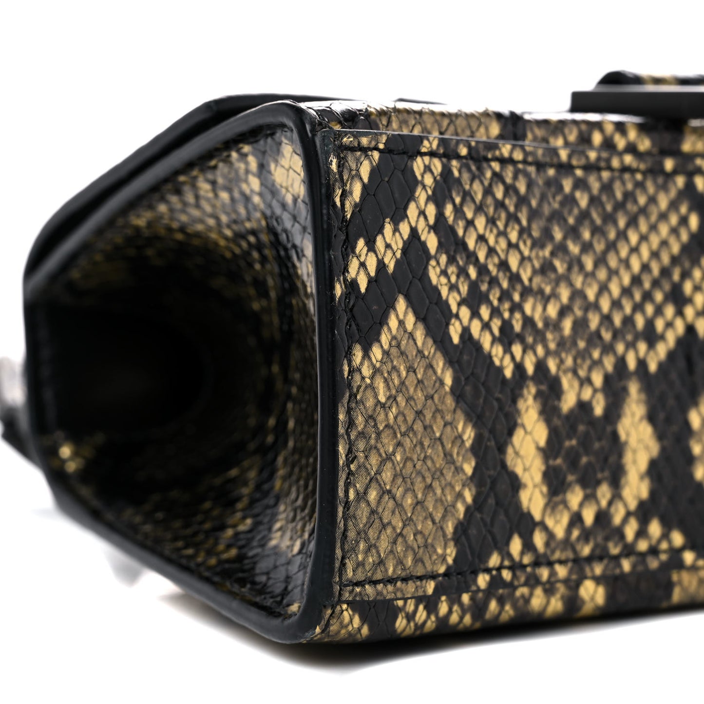 Shiny Calfskin Snakeskin Embossed Hourglass Top Handle Bag XS Gold Black
