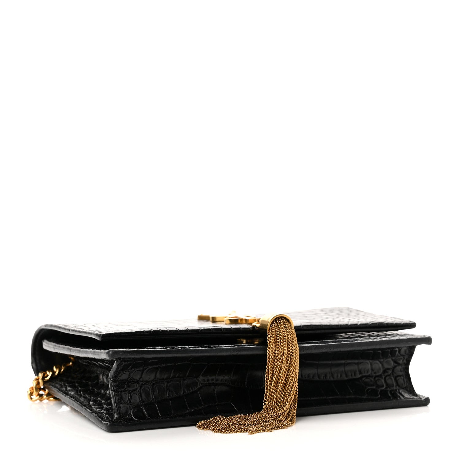 Saint Laurent Calfskin Crocodile Embossed Kate Monogram Tassel Chain Wallet Black 3 of 8