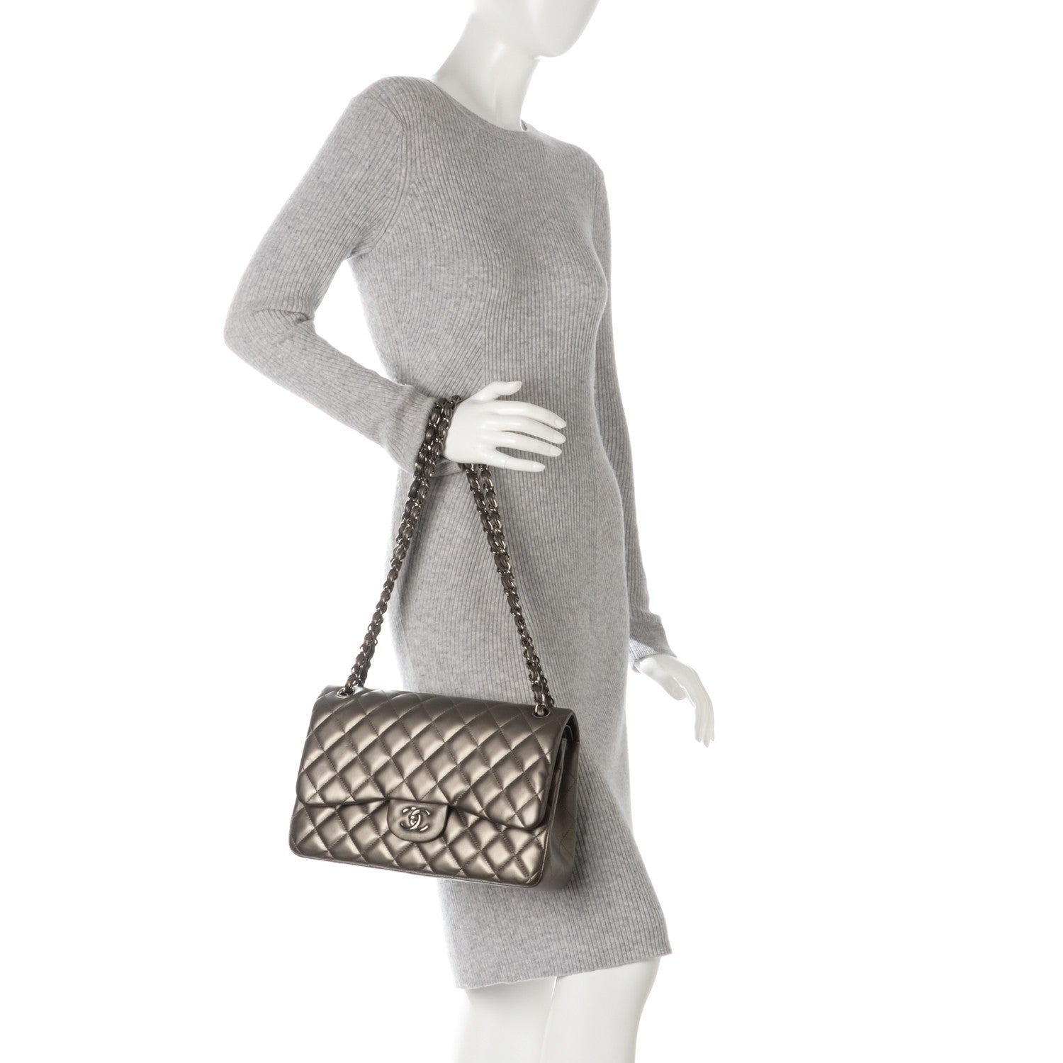 Chanel Metallic Lambskin Quilted Jumbo Double Flap Pewter 3 of 9
