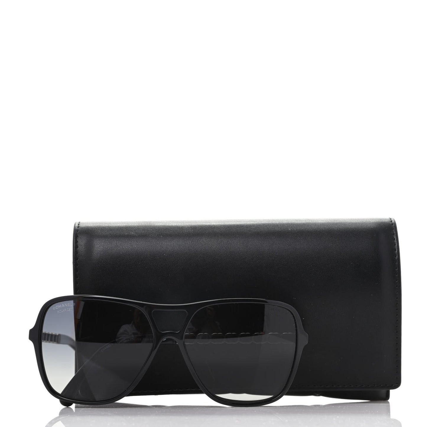Metal Calfskin CC Chain Polarized Pilot Sunglasses 5439-Q Black