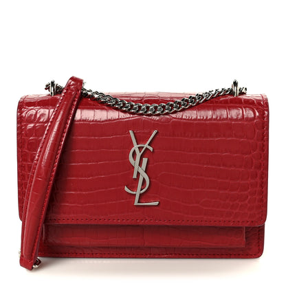 Saint Laurent Calfskin Crocodile Embossed Medium Monogram Sunset New Lipstick Red 1 of 10
