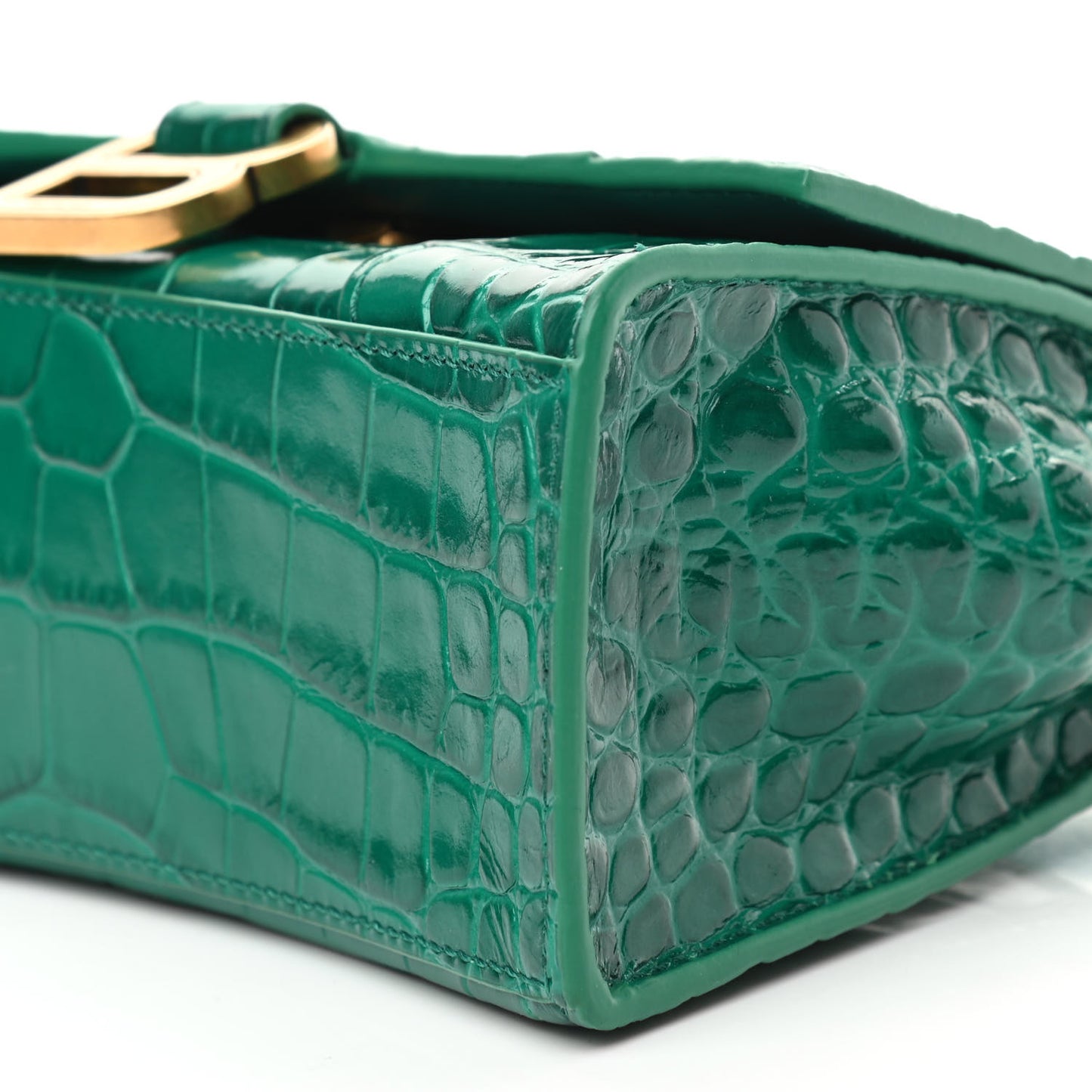 Shiny Calfskin Crocodile Embossed Hourglass Top Handle Bag XS Jade