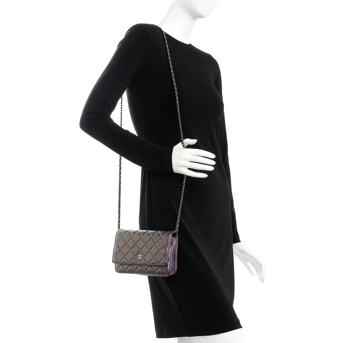 Iridescent Lambskin Quilted Wallet On Chain WOC Purple