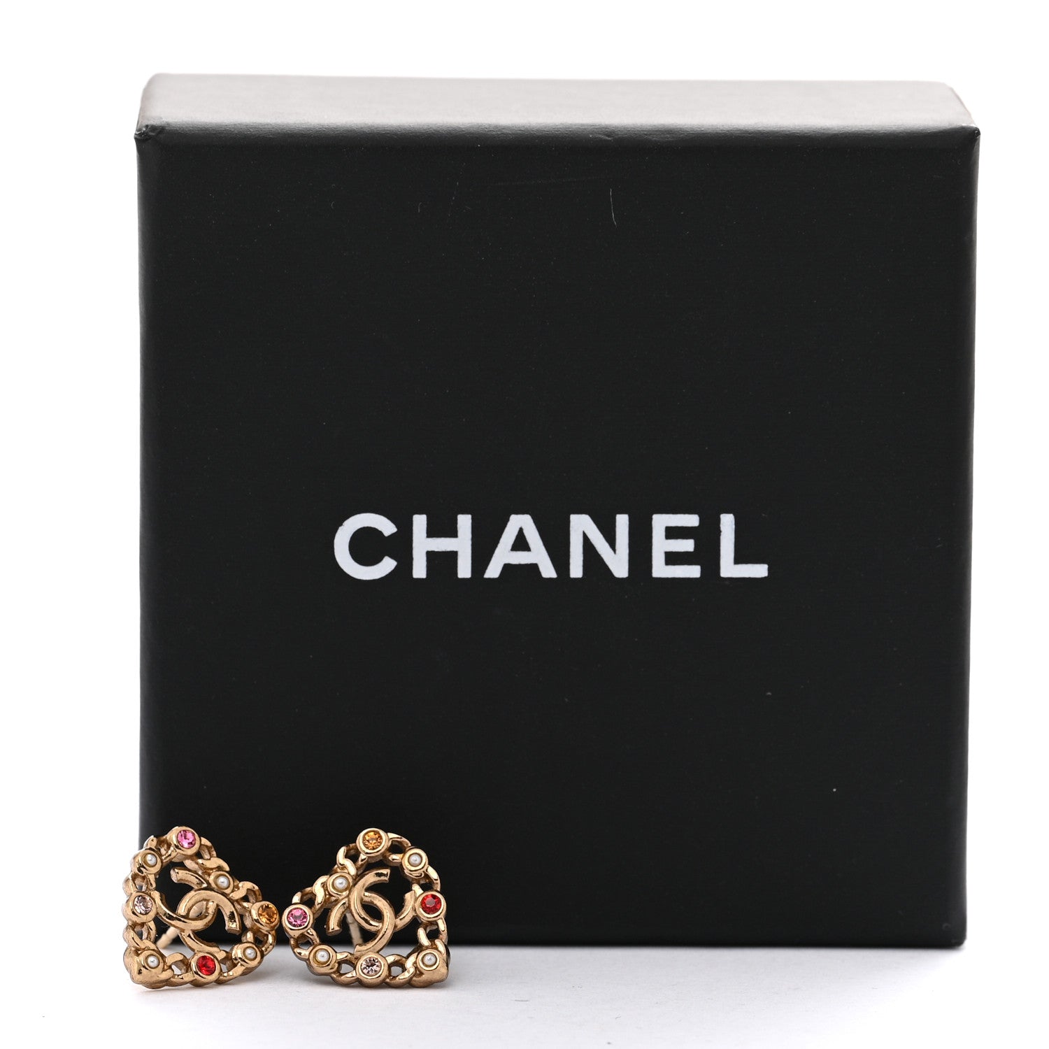 Chanel Pearl Crystal CC Heart Earrings Gold Multicolor 5 of 5