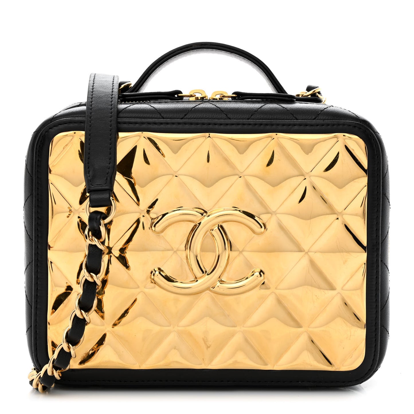 Lambskin Metal Quilted Golden Plate Vanity Case Black Golden Plate Vanity Case Black Gold