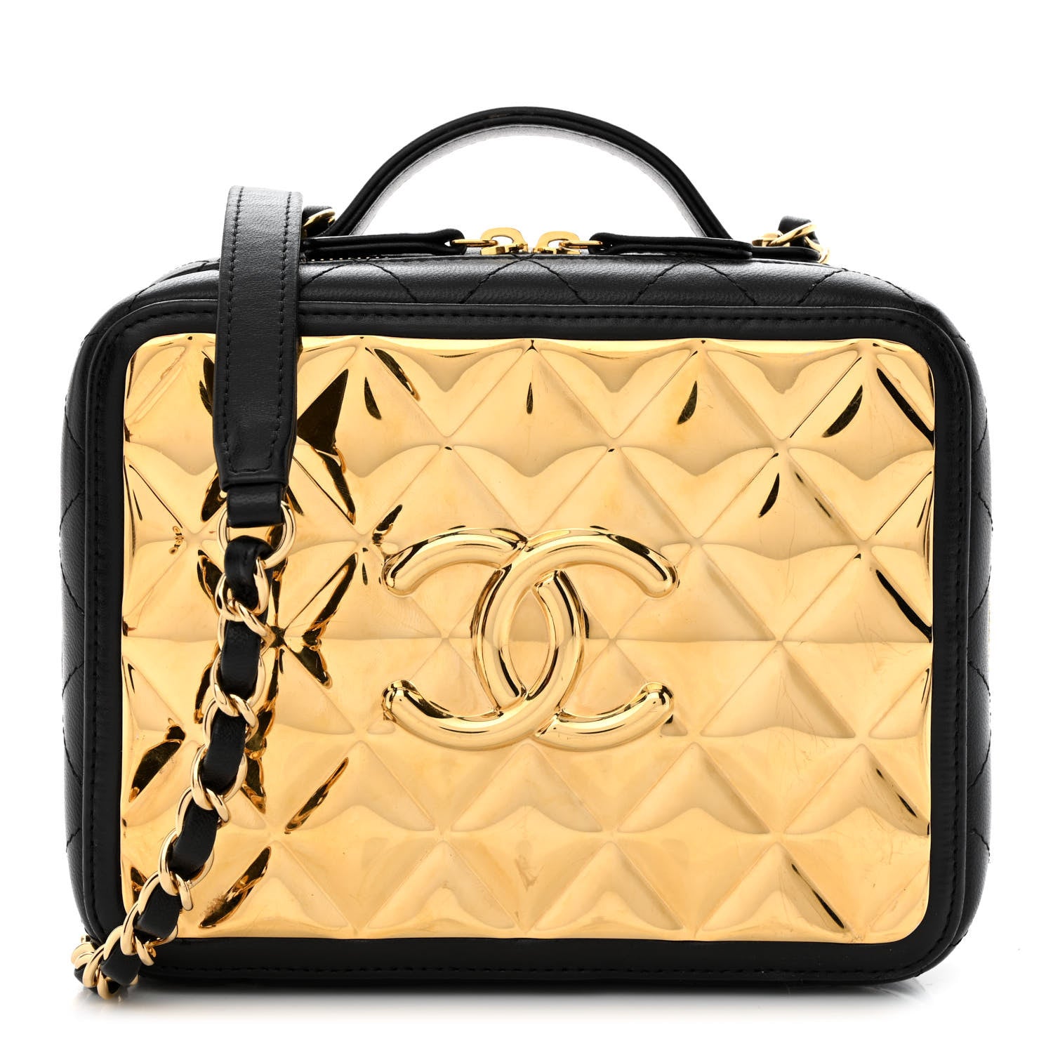 Chanel Lambskin Metal Quilted Golden Plate Vanity Case Black Golden Plate Vanity Case Black Gold 1 of 12