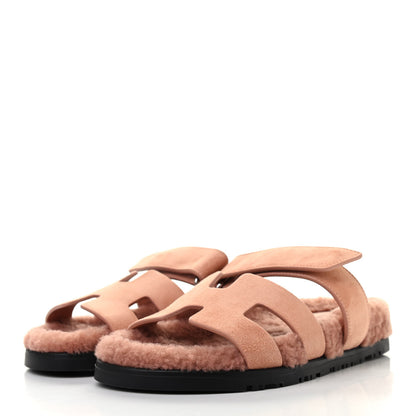 Hermes Suede Goatskin Woolskin Womens Chypre Sandals 36.5 Rose Aube 3 of 8