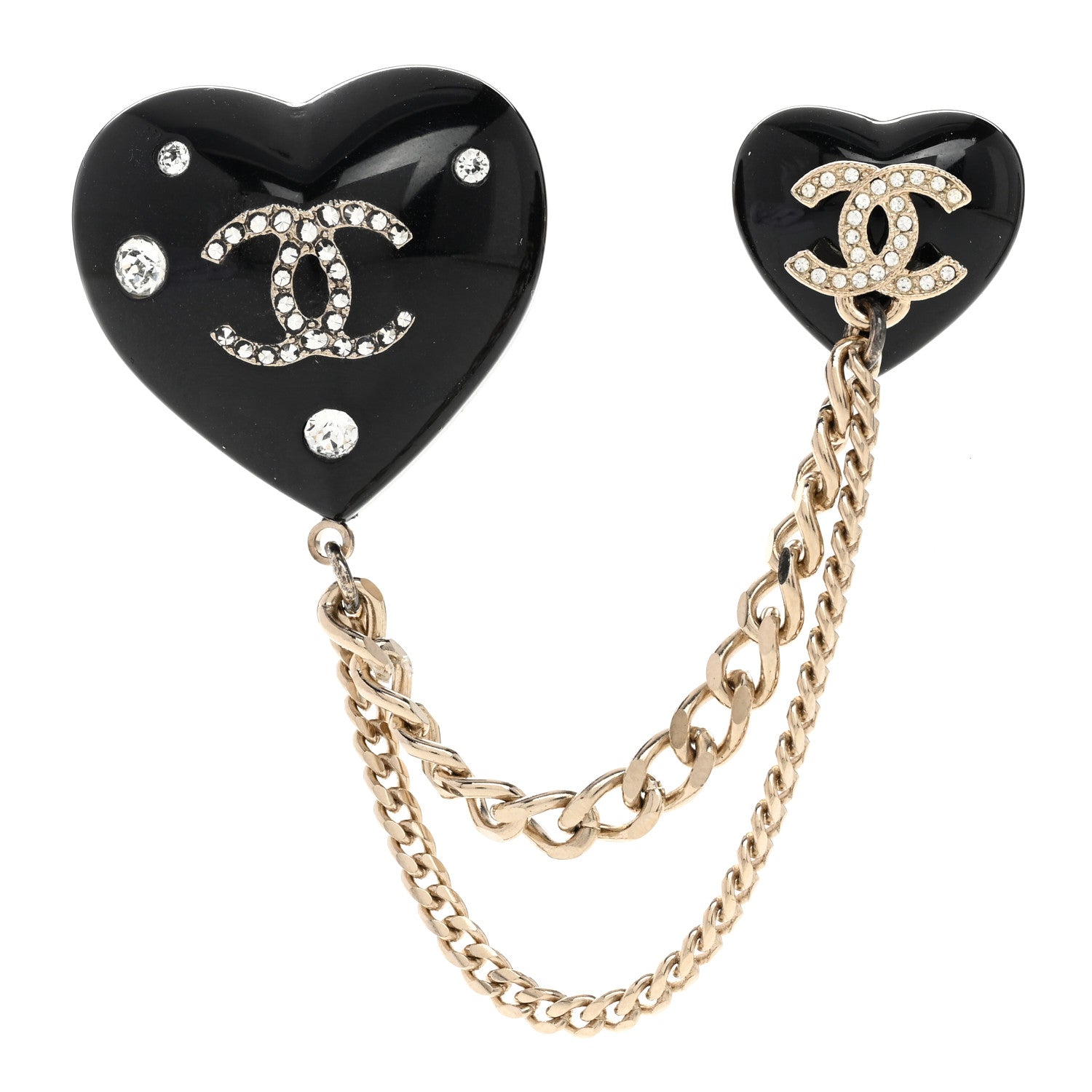 Chanel Resin Crystal CC Heart Multi Strand Chain Brooch Black Gold 1 of 4