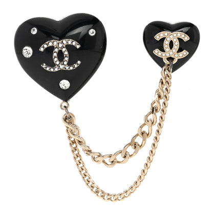 Chanel Resin Crystal CC Heart Multi Strand Chain Brooch Black Gold 1 of 4