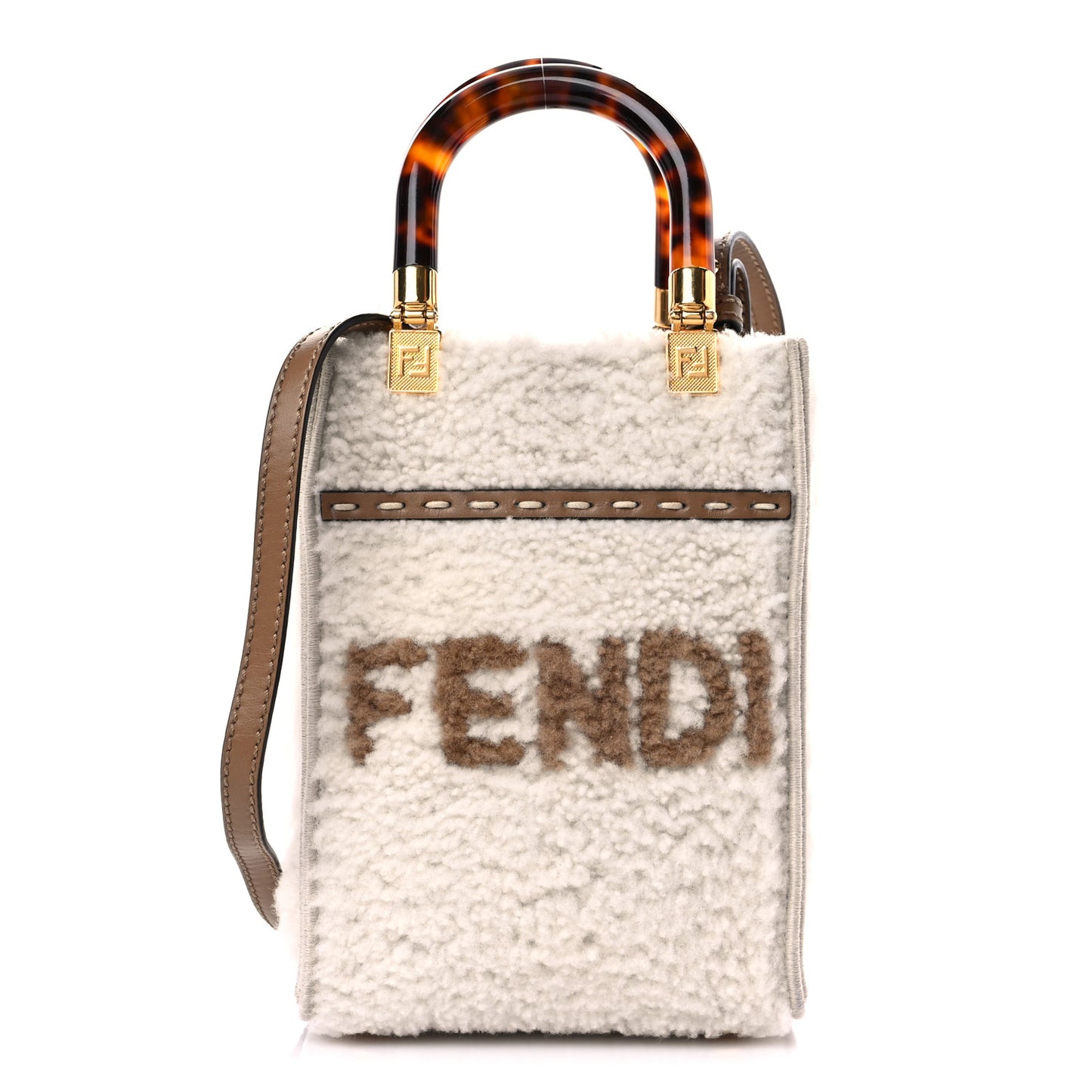Shearling Vitello King Plexiglass Logo Mini Fendi Sunshine Shopper Tote White