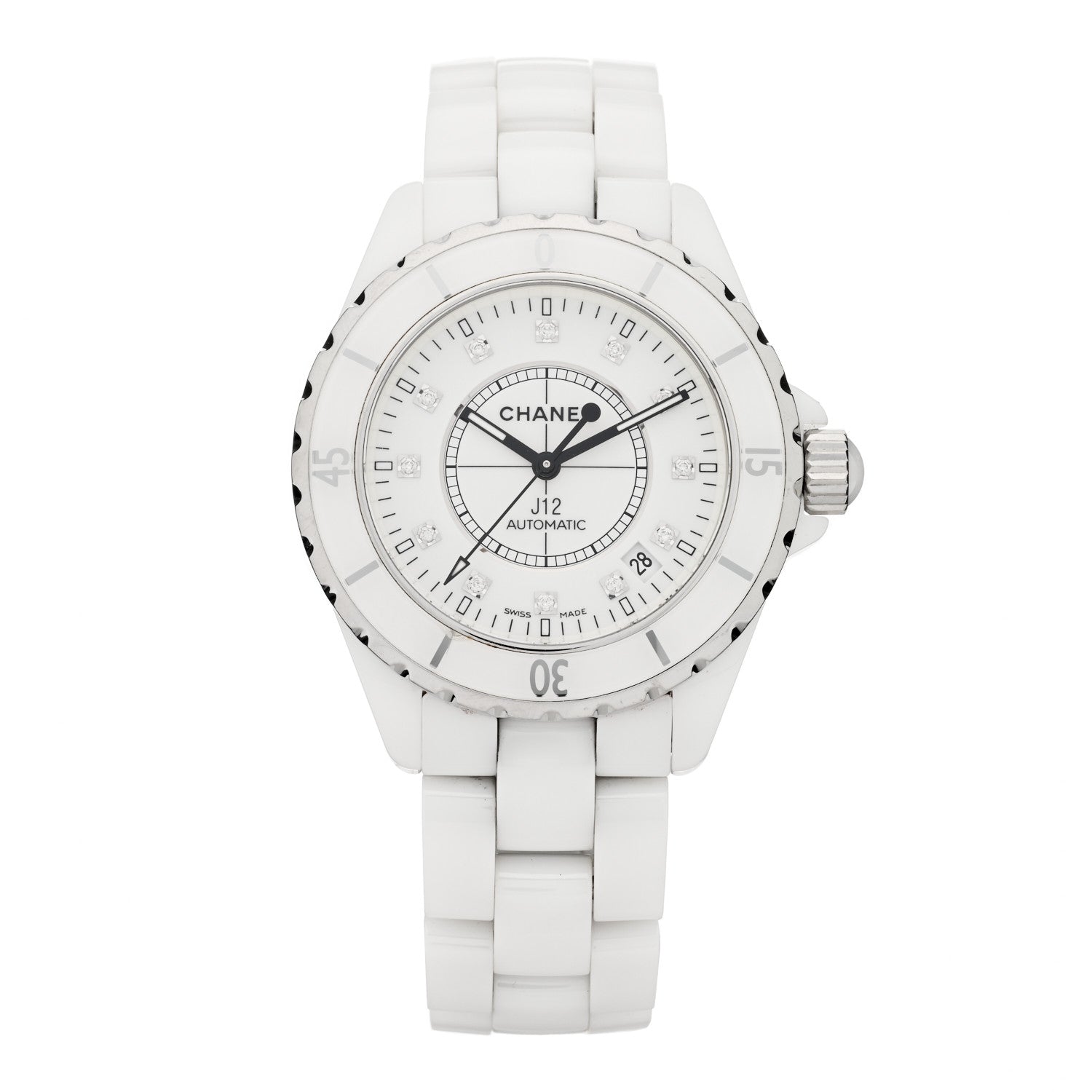 Chanel Stainless Steel Ceramic Diamond 38mm J12 Automatic Watch White 1 of 4