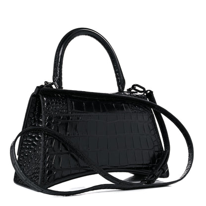 Balenciaga Shiny Calfskin Monochrome Crocodile Embossed Small Hourglass Top Handle Bag Black 3 of 21