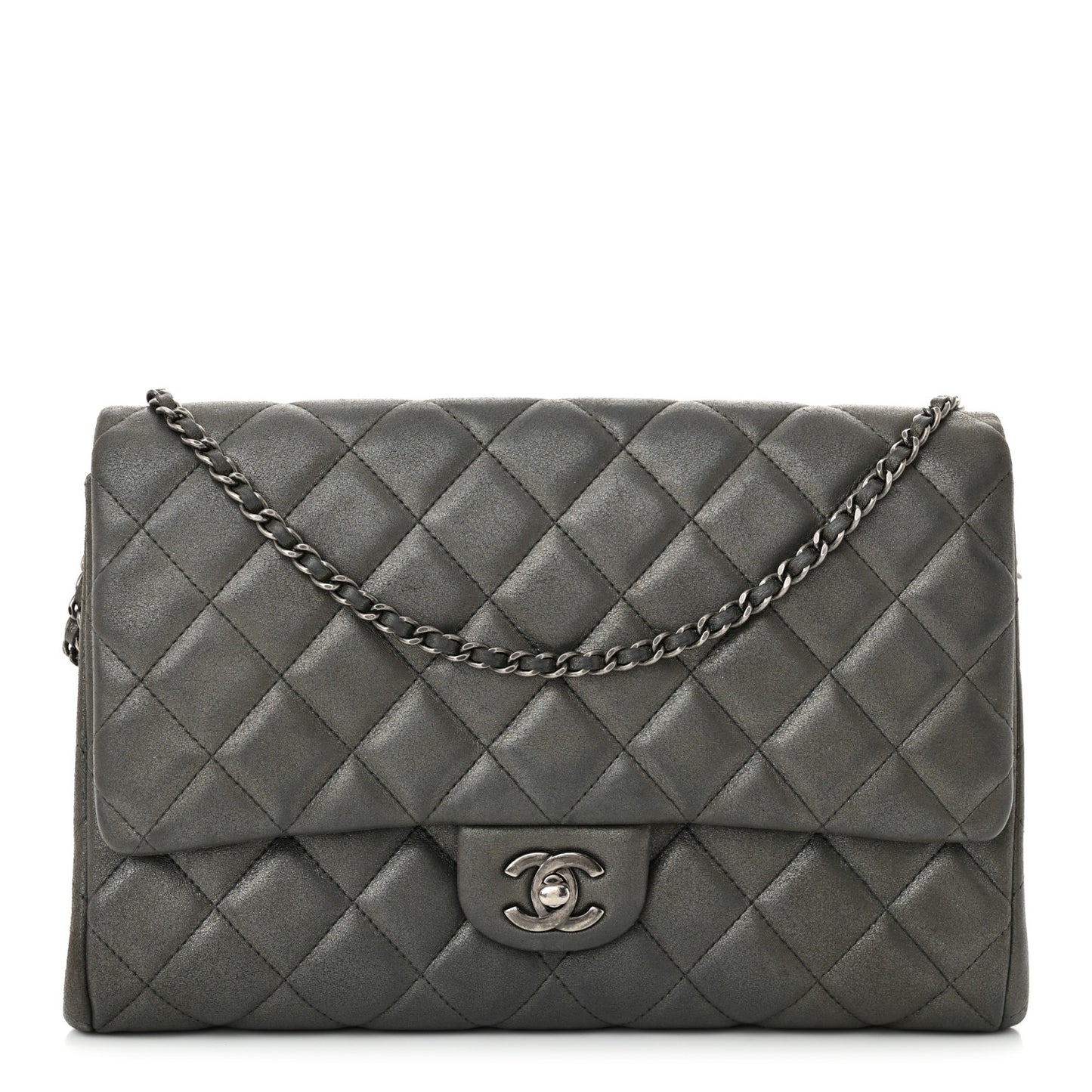 Metallic Calfskin Quilted Clutch With Chain Flap Charcoal Grey