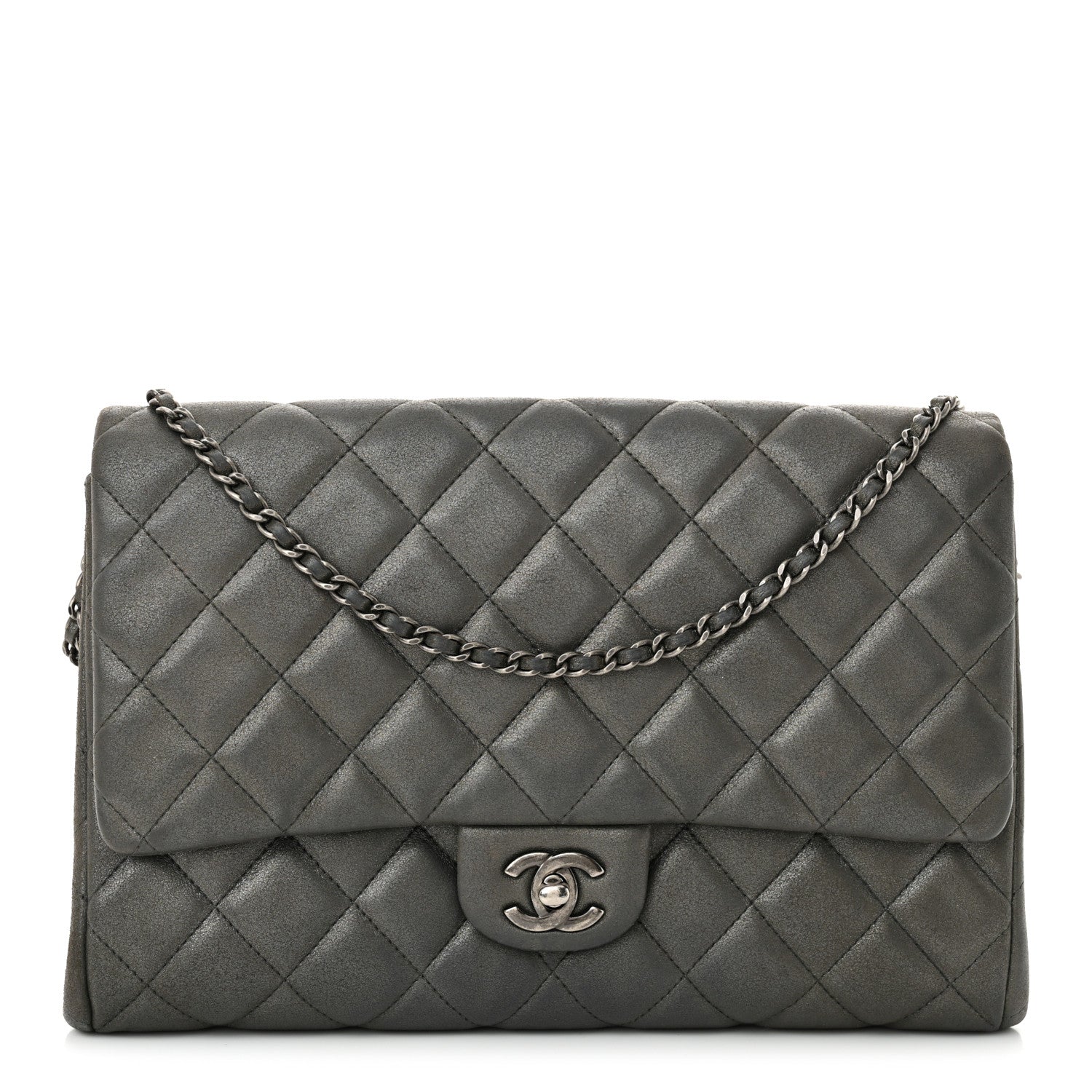 Chanel Metallic Calfskin Quilted Clutch With Chain Flap Charcoal Grey 1 of 12