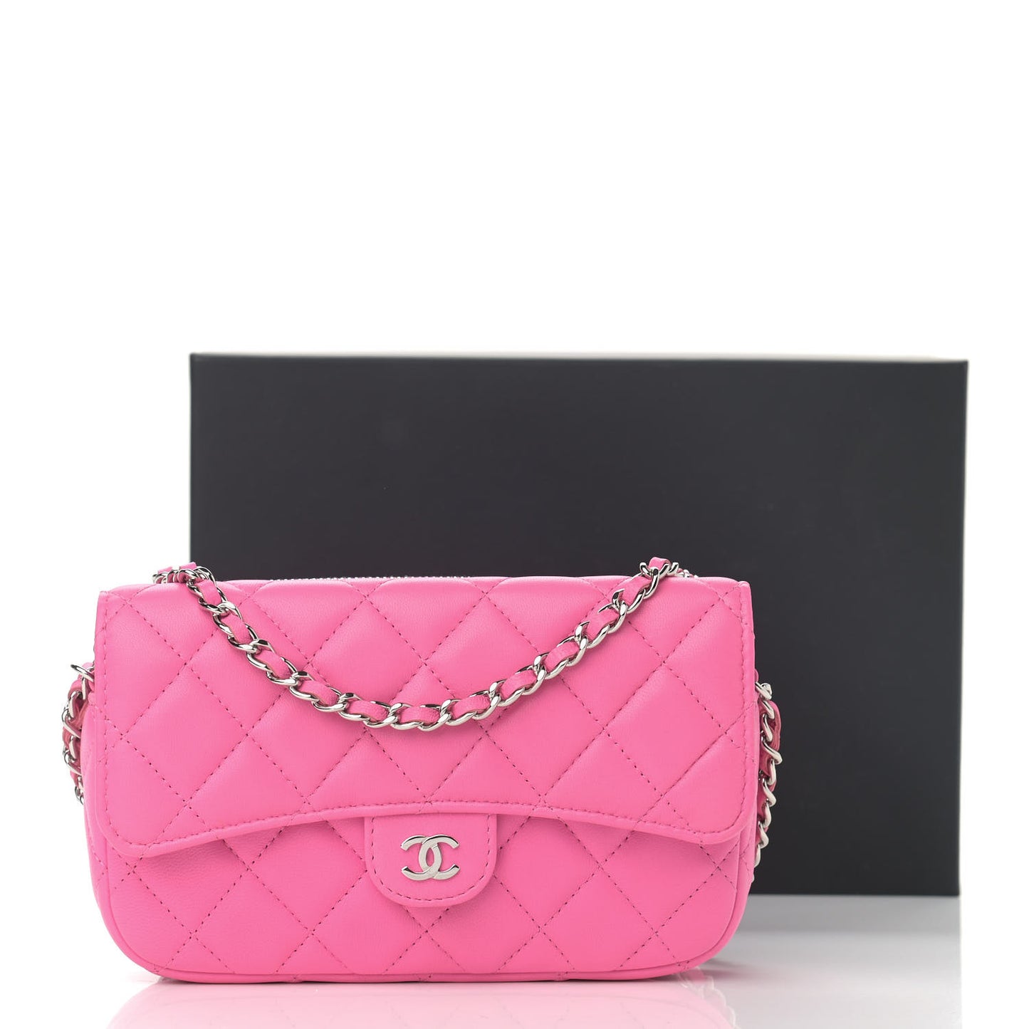 Lambskin Quilted Flap Phone Holder With Chain Neon Pink