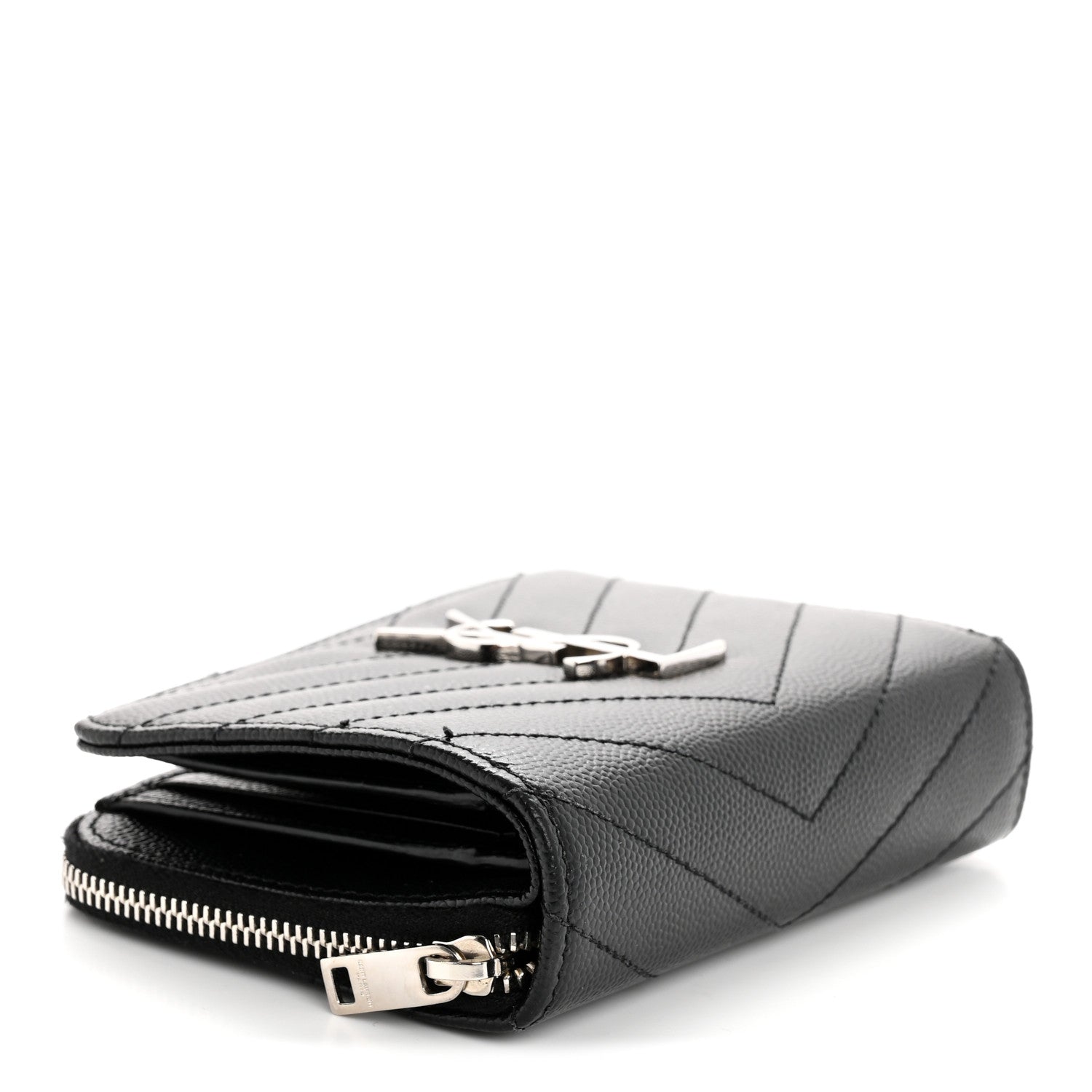 Saint Laurent Grain De Poudre Matelasse Chevron Monogram Compact Zip Around Wallet Black 4 of 11