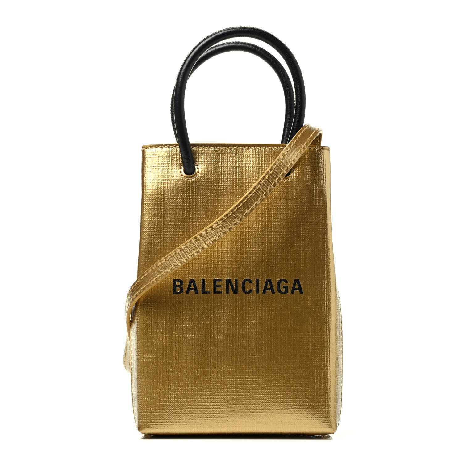 Balenciaga Metallic Textured Calfskin Logo Shopping Phone Holder Bag Gold 1 of 9