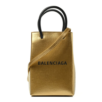 Balenciaga Metallic Textured Calfskin Logo Shopping Phone Holder Bag Gold 1 of 9