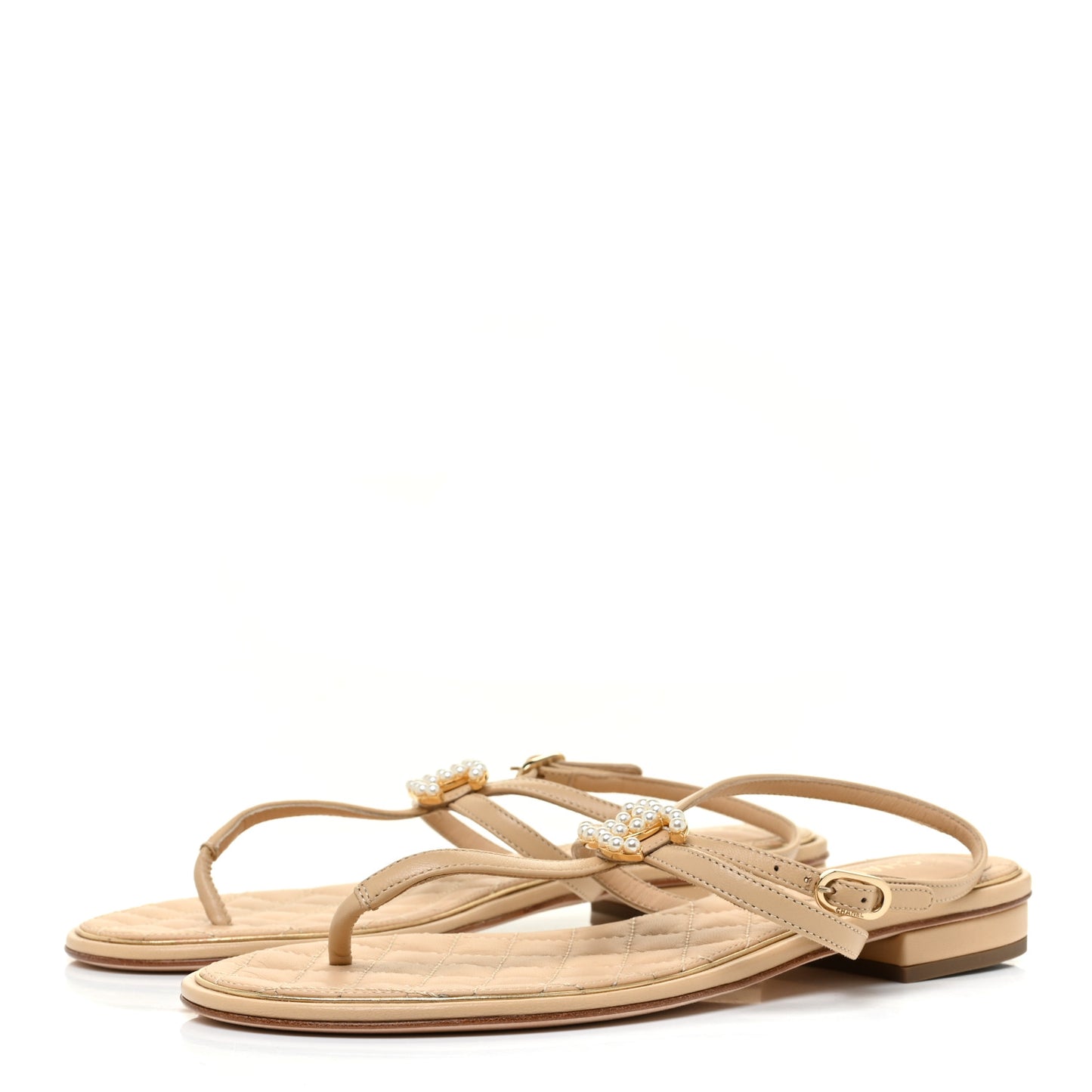 Lambskin Quilted Pearl CC Thong Sandals 37 Beige