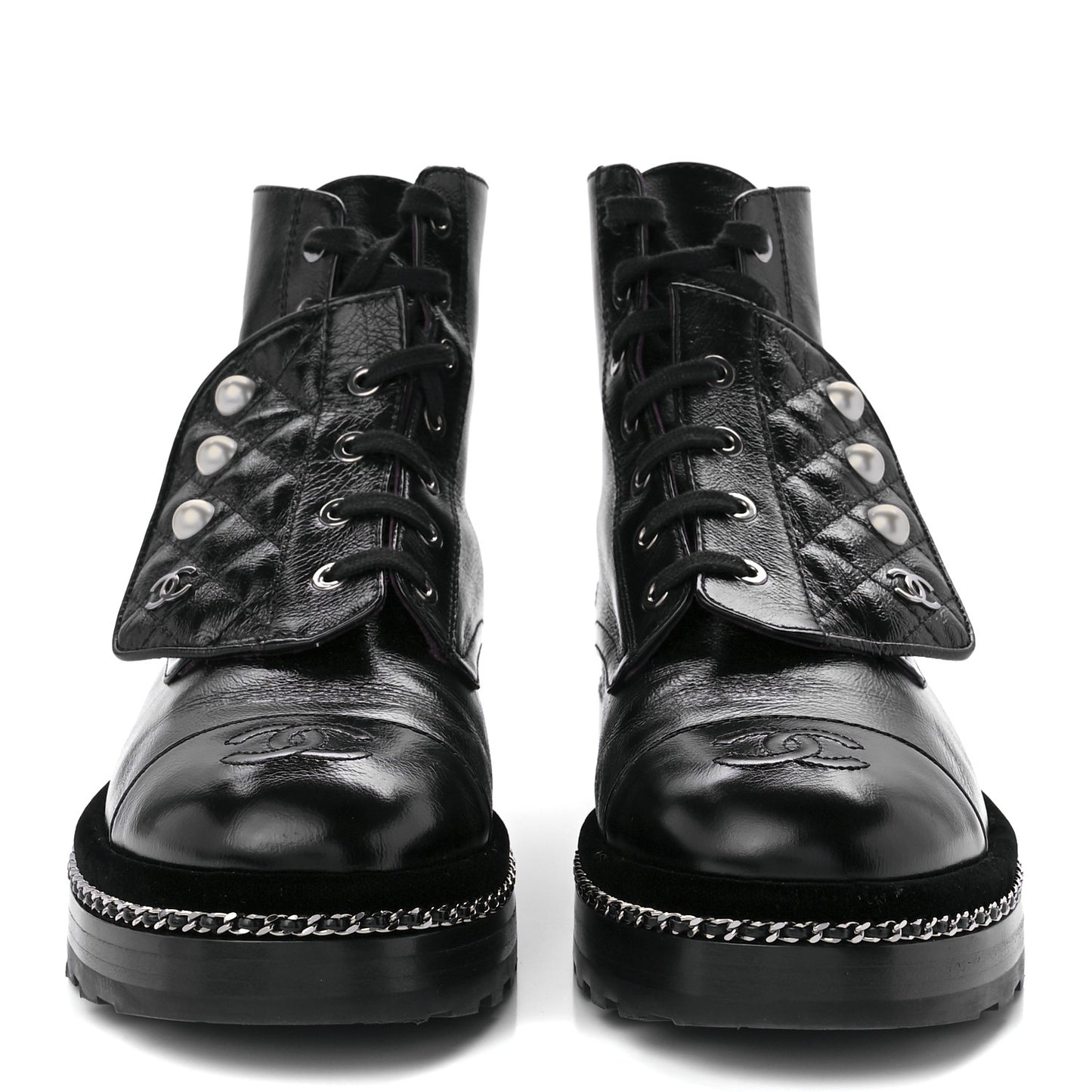 Crackled Calfskin Velvet Pearl Combat Short Boots 39 Black