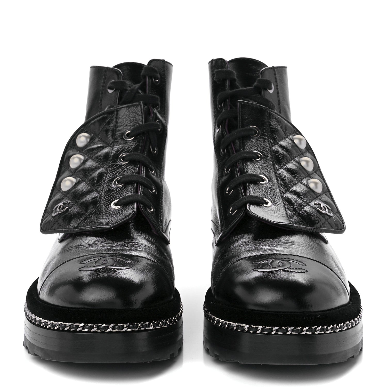 Chanel Crackled Calfskin Velvet Pearl Combat Short Boots 39 Black 2 of 11