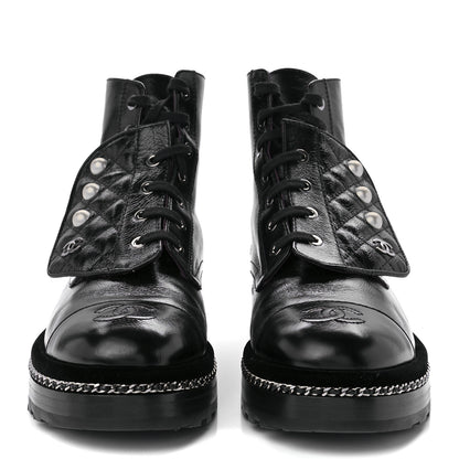 Chanel Crackled Calfskin Velvet Pearl Combat Short Boots 39 Black 2 of 11