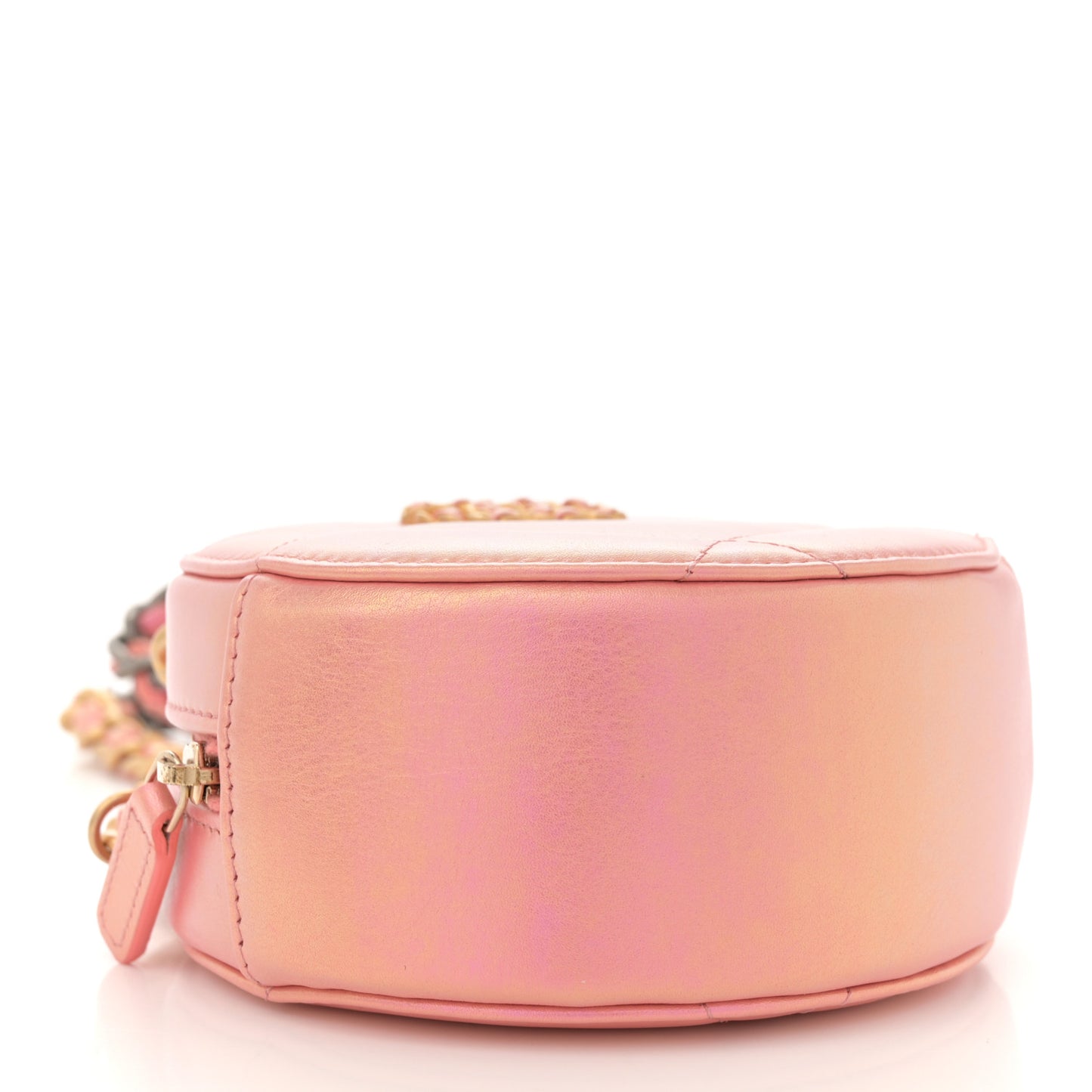 Iridescent Calfskin Quilted Chanel 19 Round Clutch With Chain Pink