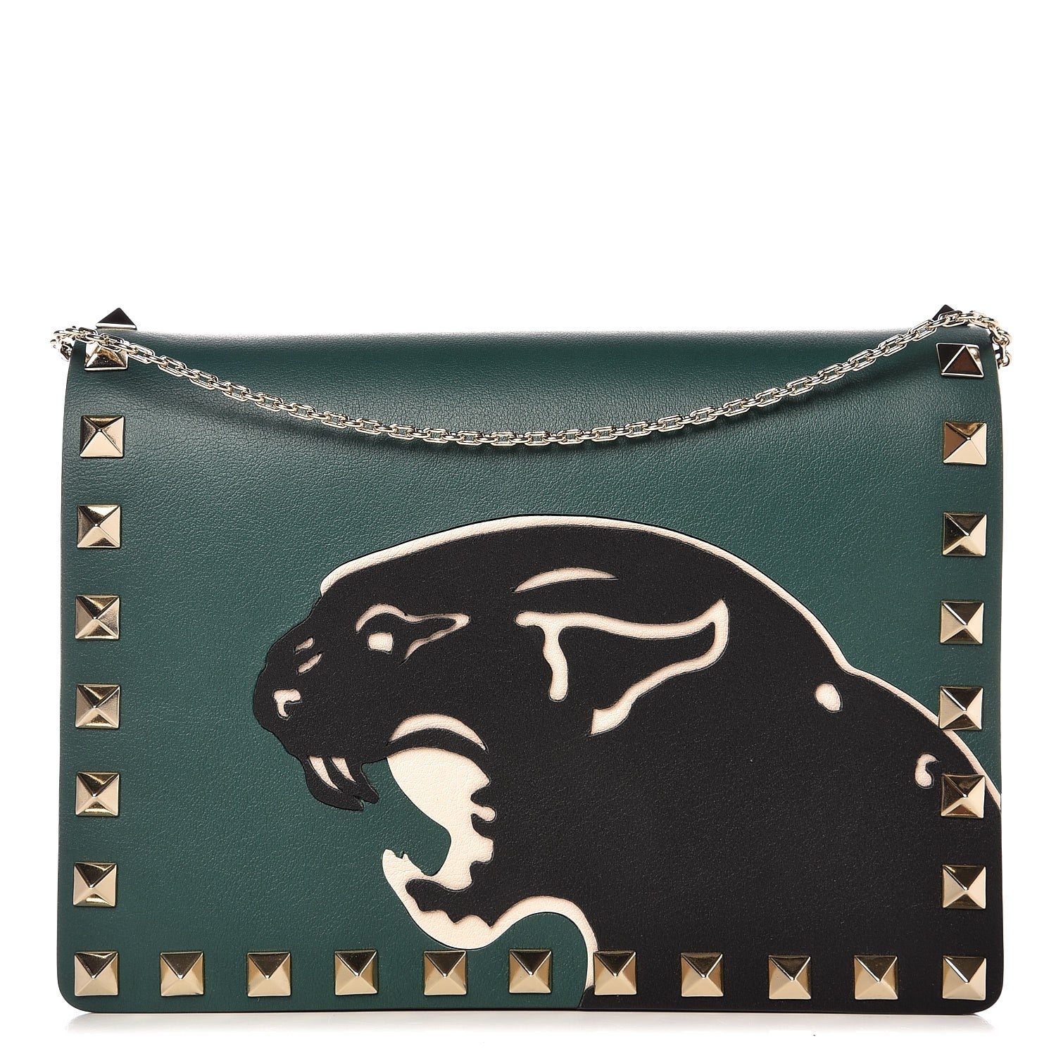 Valentino Garavani Calfskin Panther Mini Rockstud Wallet on Chain Emerald 1 of 7