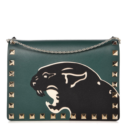 Valentino Garavani Calfskin Panther Mini Rockstud Wallet on Chain Emerald 1 of 7