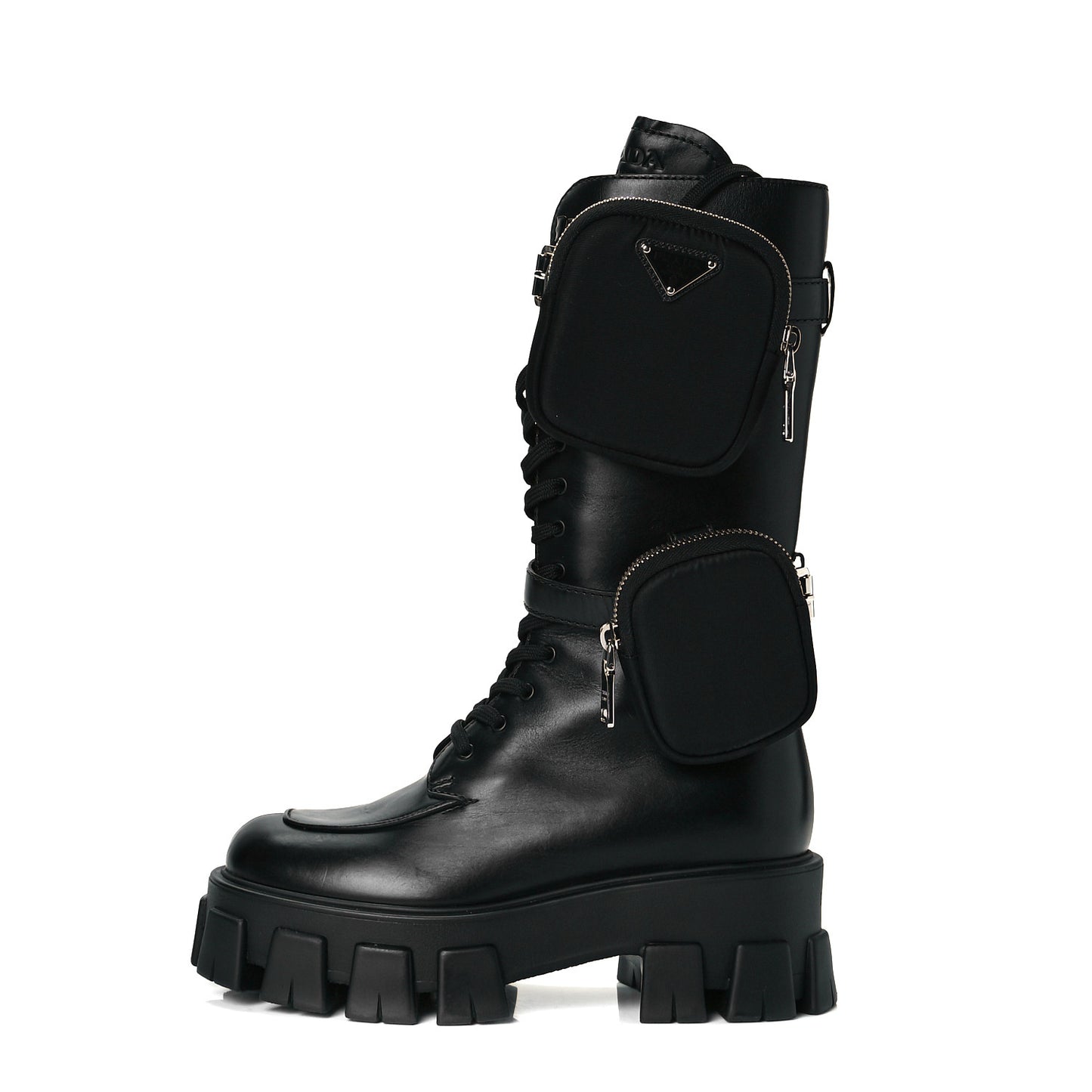 Vitello Lux Nylon Metal Triangle Logo Monolith Pouch Pocket 55mm Tall Combat Boots 37 Black