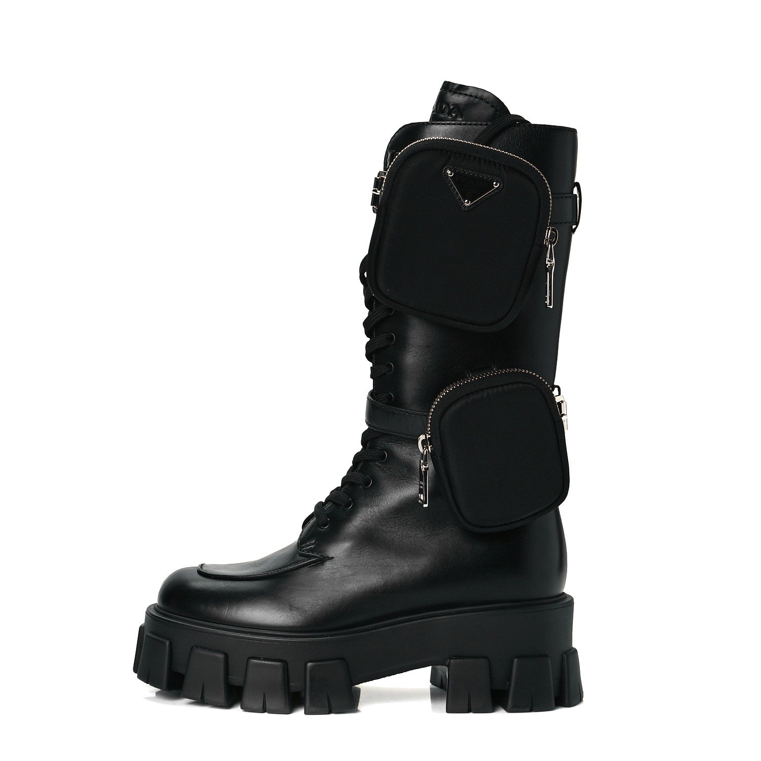 Prada Vitello Lux Nylon Metal Triangle Logo Monolith Pouch Pocket 55mm Tall Combat Boots 37 Black 1 of 7