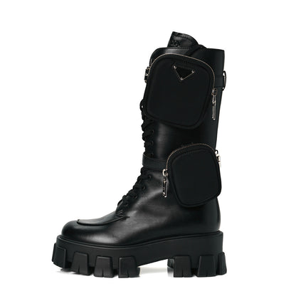 Prada Vitello Lux Nylon Metal Triangle Logo Monolith Pouch Pocket 55mm Tall Combat Boots 37 Black 1 of 7