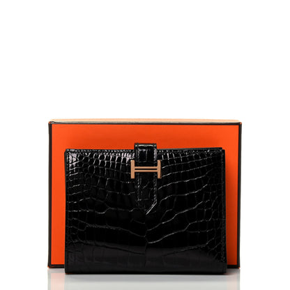 Hermes Shiny Alligator Bearn Compact Wallet Black 7 of 7