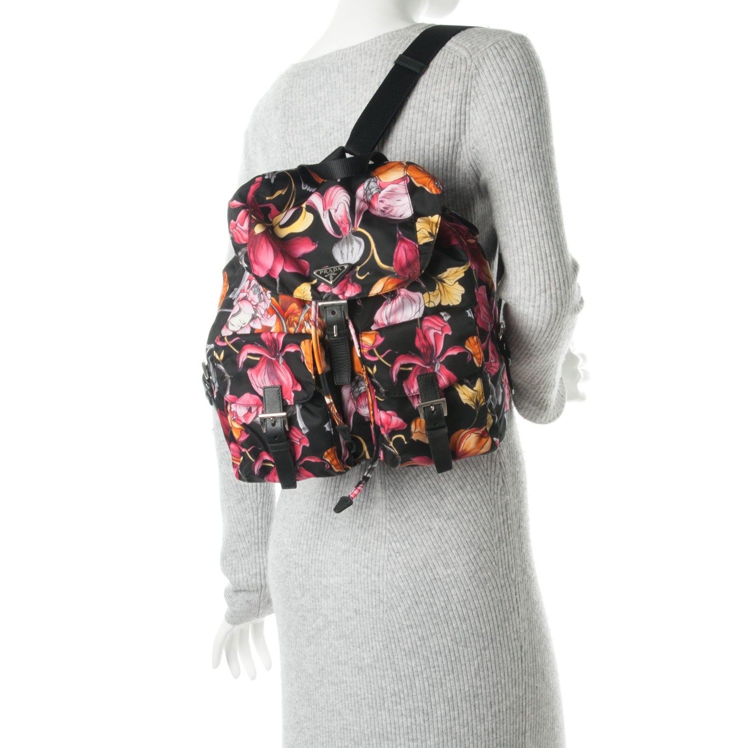 Prada Tessuto Nylon Floral Print Medium Backpack Black 2 of 8