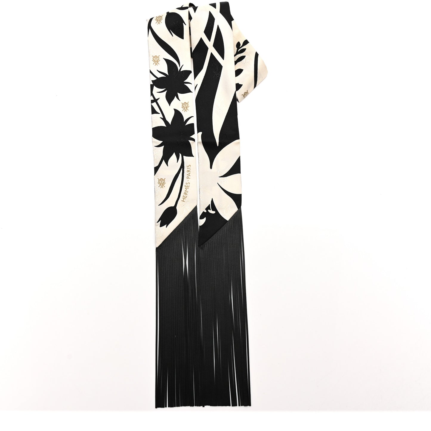 Silk Calfskin Bouquet Final Fringed Twilly Creme Black