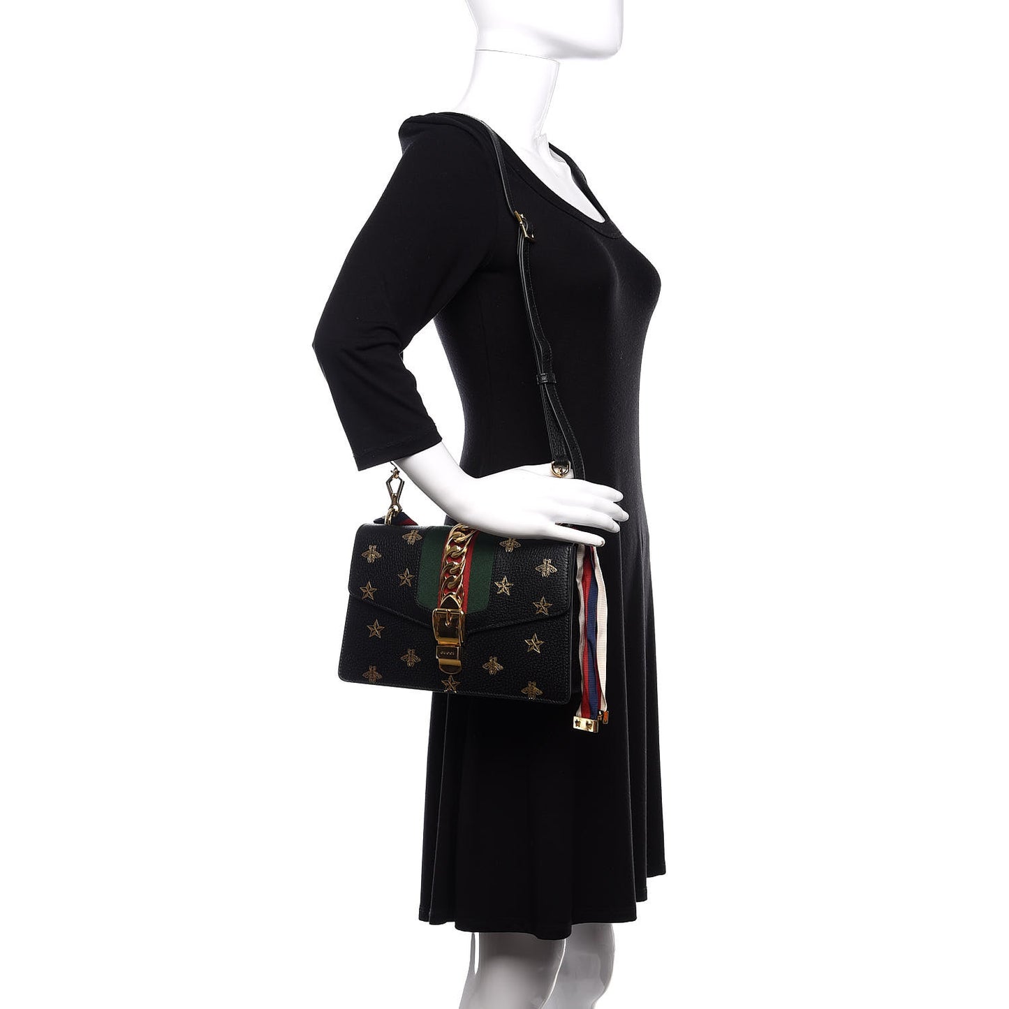 Textured Calfskin Bee Star Print Small Sylvie Shoulder Bag Black