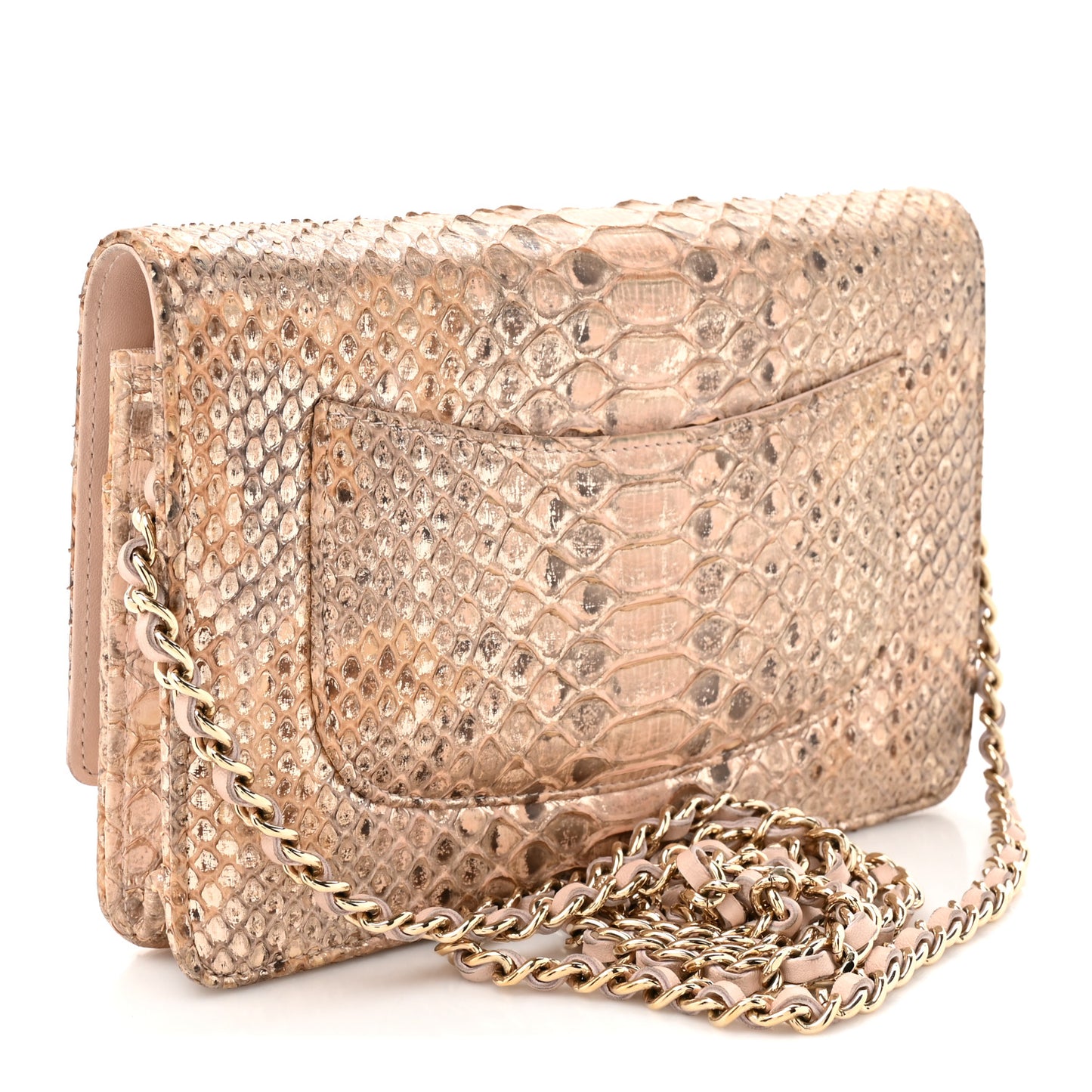 Metallic Snakeskin Wallet On Chain WOC Ivory Gold