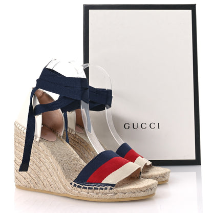 Gucci Canvas Sylvie Web Ankle Wrap Espadrille Wedge Sandals 38.5 Mystic White Hibiscus Red Maritime 9 of 9