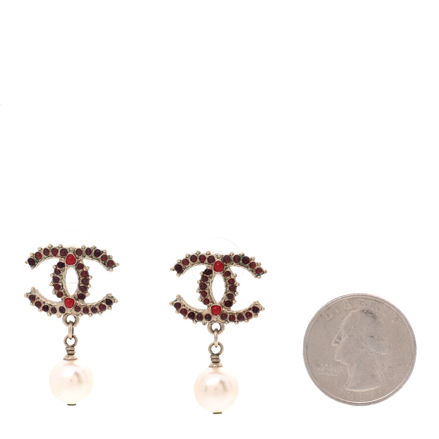 Chanel Gripoix Pearl Drop Earrings Gold Red 2 of 6