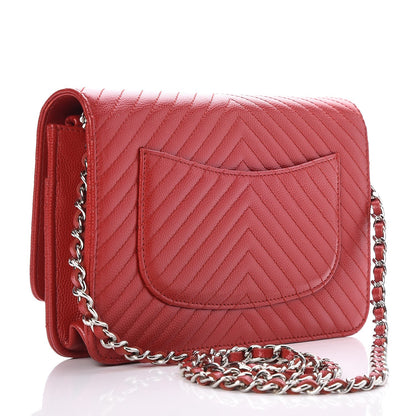 Chanel Caviar Chevron Quilted Wallet On Chain WOC Red 3 of 8