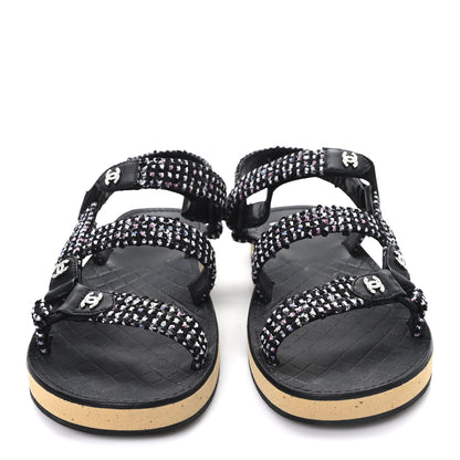 Chanel Glittered Tweed Lambskin Dad Sandals 40 Black Multicolor 3 of 11