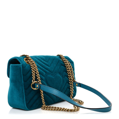 Gucci Velvet Matelasse Small GG Marmont Shoulder Bag Pavone Cyan 3 of 11