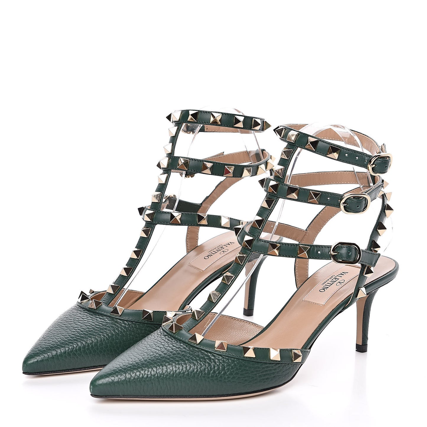 Pebbled Calfskin Rockstud Ankle Strap 65mm Pumps 37.5 English Green
