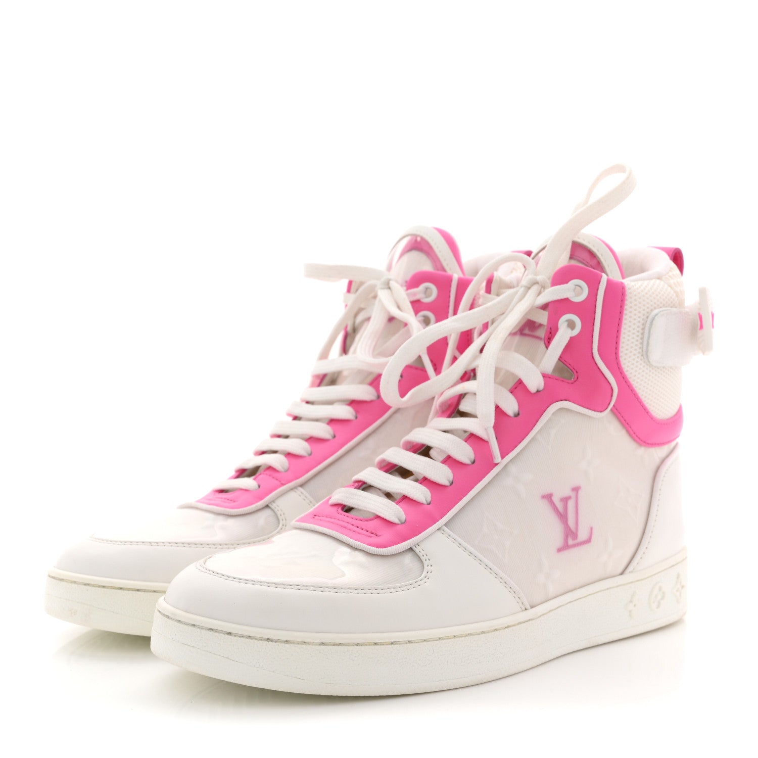 Louis Vuitton Calfskin Nylon Mesh Monogram Womens Boombox High Top Sneakers 39 White Pink 4 of 11