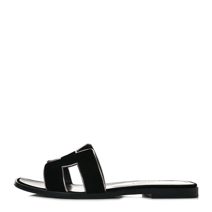 Hermes Velvet Nappa Oran Sandals 37.5 Black Argent Vieilli 1 of 8