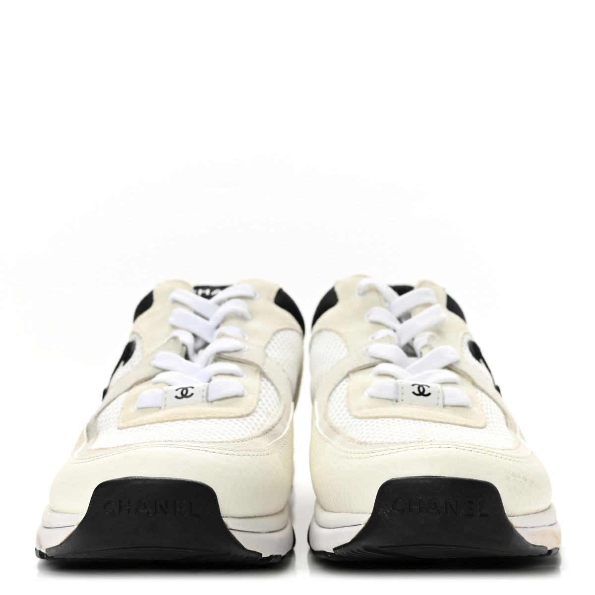 Chanel Mesh Suede Calfskin Grained Calfskin Womens CC Sneakers 38.5 White Black 3 of 8