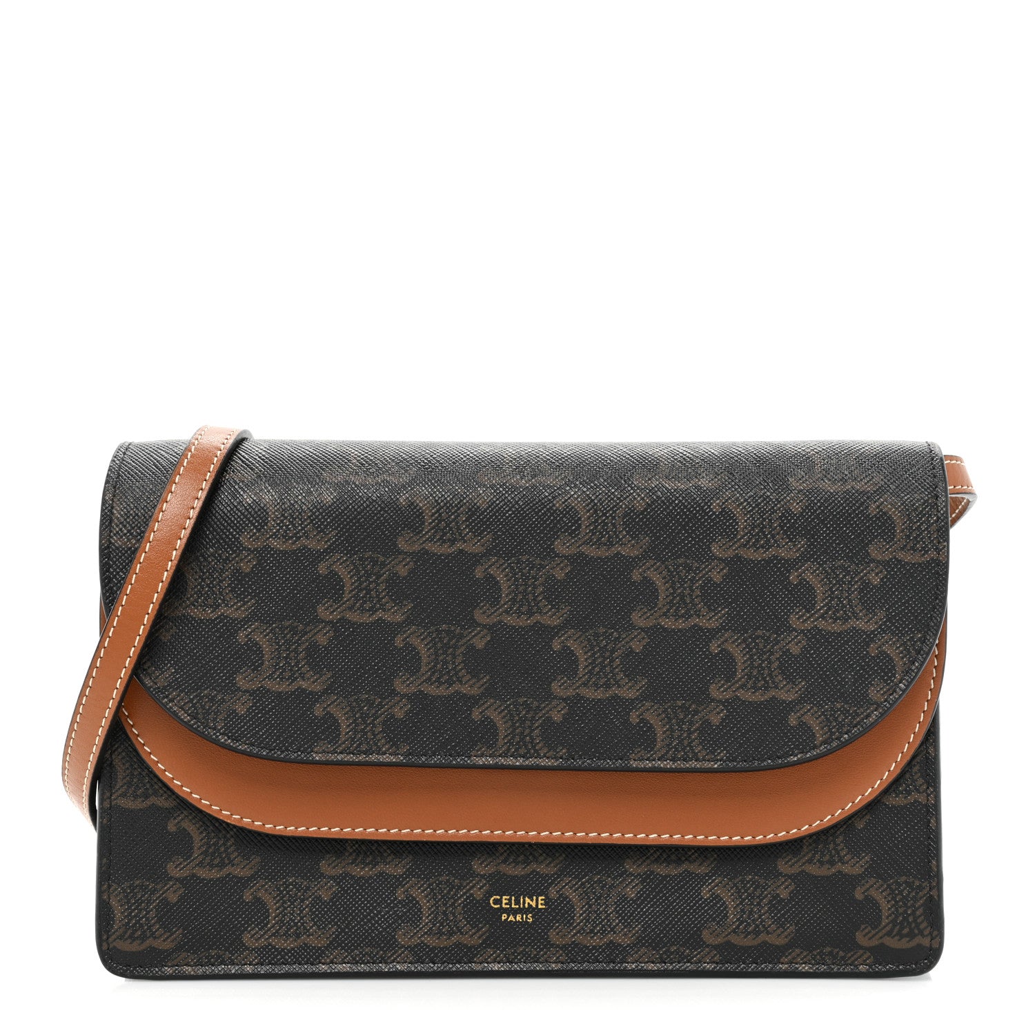 Celine Triomphe Canvas Lambskin Wallet On Strap Tan 1 of 14