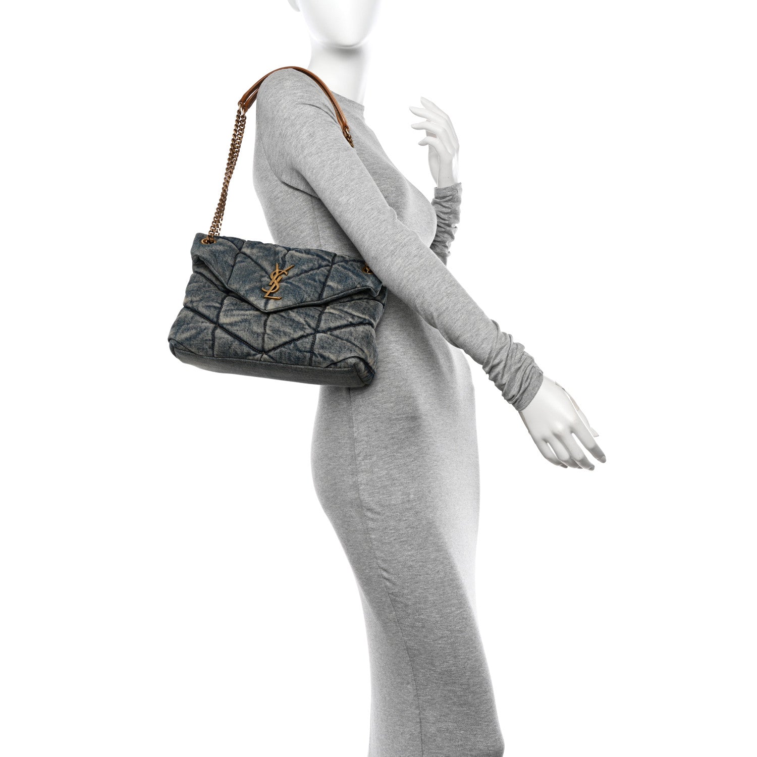 Saint Laurent Denim Quilted Small Loulou Puffer Monogram Chain Satchel Blue Cinnamon 2 of 10