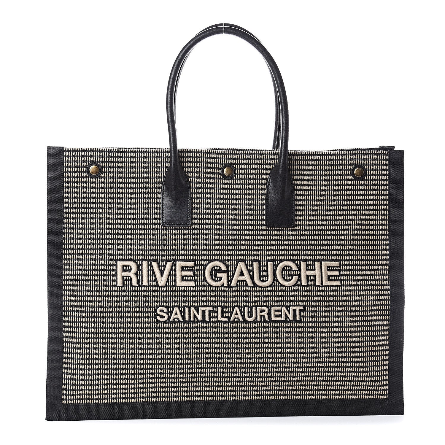 Saint Laurent Embroidered Cotton Linen Rive Gauche Noe Tote Black Beige 1 of 8